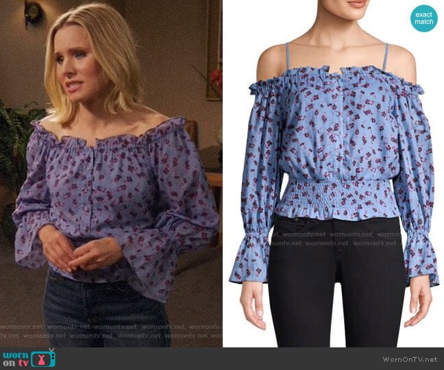 Eleanor’s blue floral off-shoulder top on The Good Place