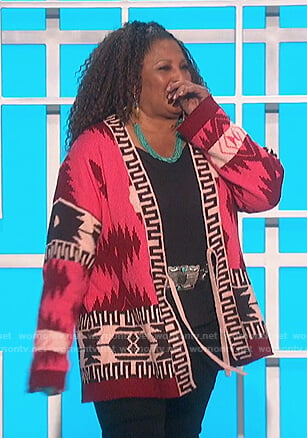 Pam Grier’s pink aztec print cardigan on The Talk