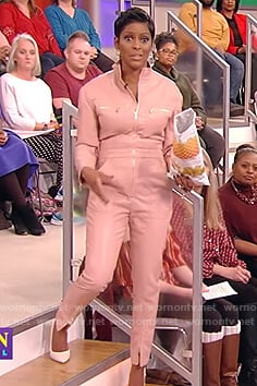 Tamron's pink leather jumpsuit on Tamron Hall Show