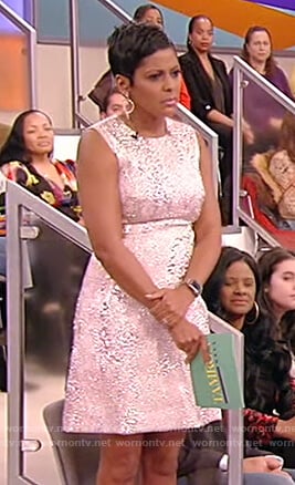 Tamron’s metallic pink jacquard dress on Tamron Hall Show