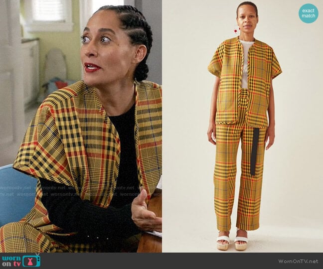 Rachel Comey Bottiglia Plaid Level Jacket and Elio Trousers worn by Rainbow Johnson (Tracee Ellis Ross) on Black-ish