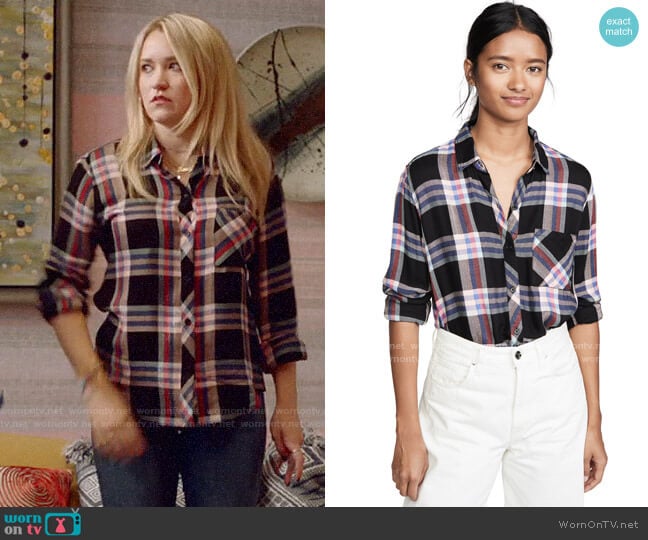 Rails Hunter Shirt in Black Melon Aqua worn by Roxy Doyle (Emily Osment) on Almost Family