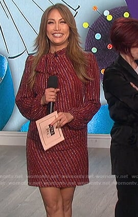 Carrie’s red metallic tie neck dress on The Talk