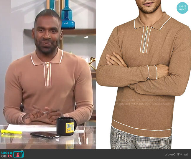 Lanark Long-Sleeve Pique Polo Shirt by Reiss worn by Justin Sylvester on E! News