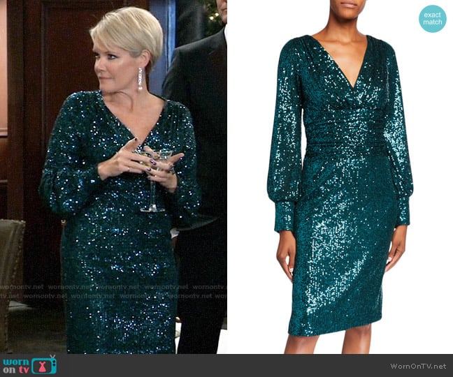 Rickie Freeman for Teri Jon Sequin Blouson-Sleeve Ruched-Waist Dress worn by Ava Jerome (Maura West) on General Hospital