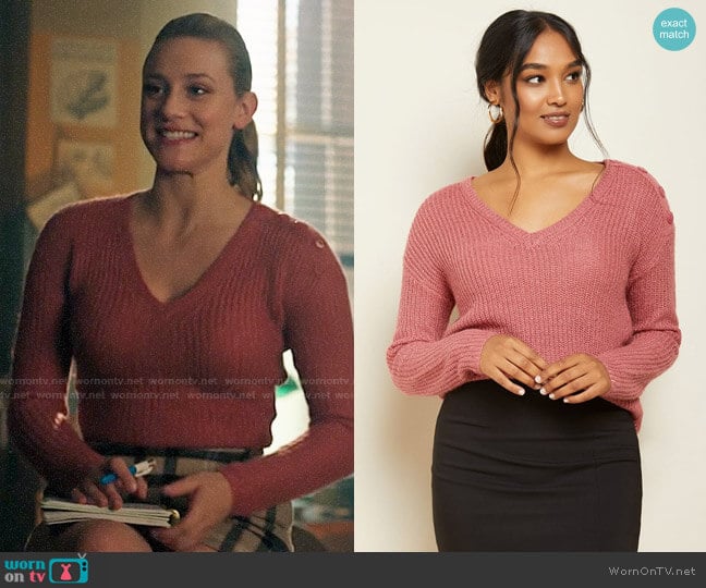 RW&Co V-Neck Sweater With Buttoned Shoulders worn by Betty Cooper (Lili Reinhart) on Riverdale