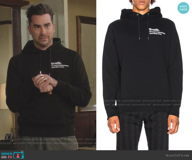 Truth Hoodie by Sacai worn by David Rose (Daniel Levy) on Schitts Creek