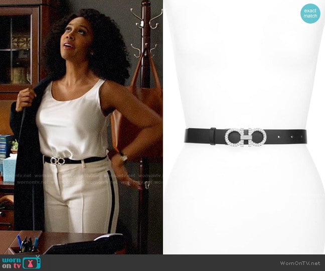 Salvatore Ferragamo Double Gancio Crystal Buckle Leather Belt worn by Lola Carmichael (Simone Missick) on All Rise