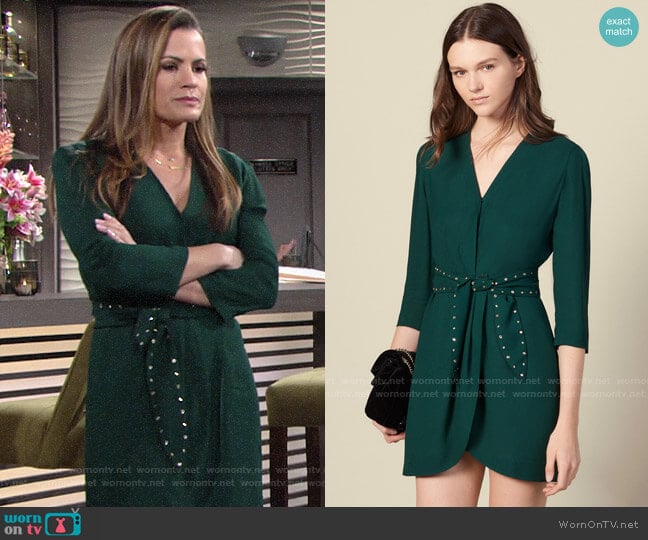 Sandro Shoulder pad dress with rhinestone belt worn by Chelsea Lawson (Melissa Claire Egan) on The Young and the Restless