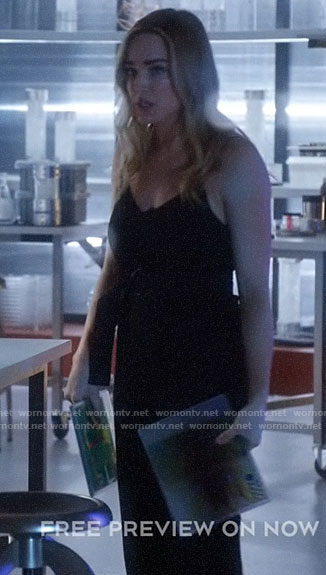 Sara’s black belted cami jumpsuit on Legends of Tomorrow