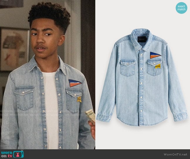 Scotch & Soda Boys Detailed Denim Shirt in Bleached Indigo worn by Jack Johnson (Miles Brown) on Black-ish