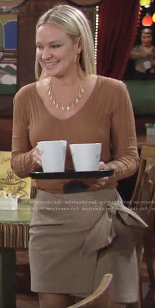 Sharon's checked wrap skirt and ribbed sweater on The Young and the Restless