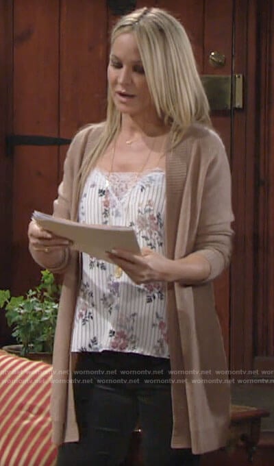 Sharon’s white floral and stripe cami on The Young and the Restless