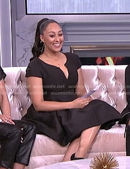 Tamera’s black v-neck flare dress on The Real