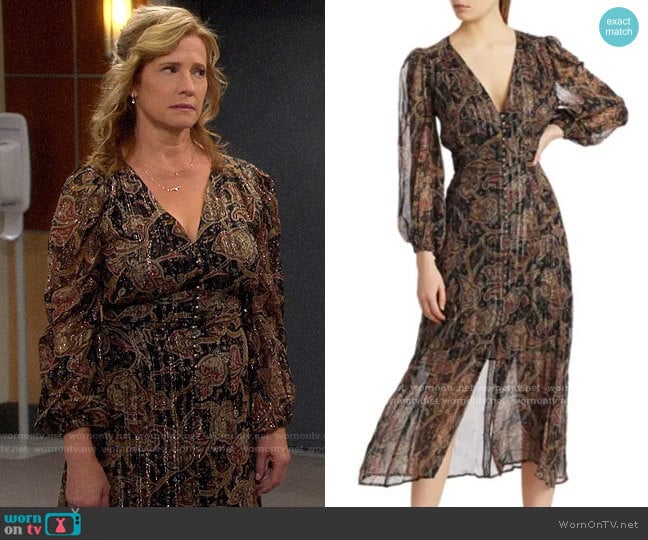 The Kooples Paisley Metallic Silk Midi Dress worn by Vanessa Baxter (Nancy Travis) on Last Man Standing