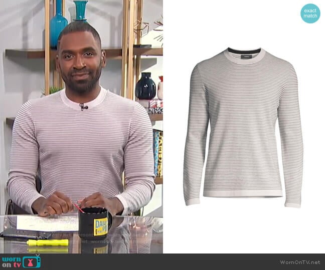 Ollis Striped Crewneck Sweater by Theory worn by Justin Sylvester on E! News