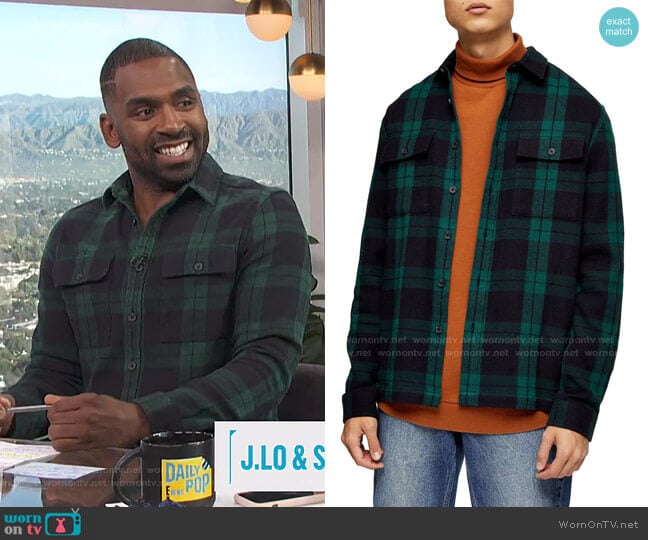 Plaid Button-Up Flannel Shirt Jacket by Topman worn by Justin Sylvester on E! News