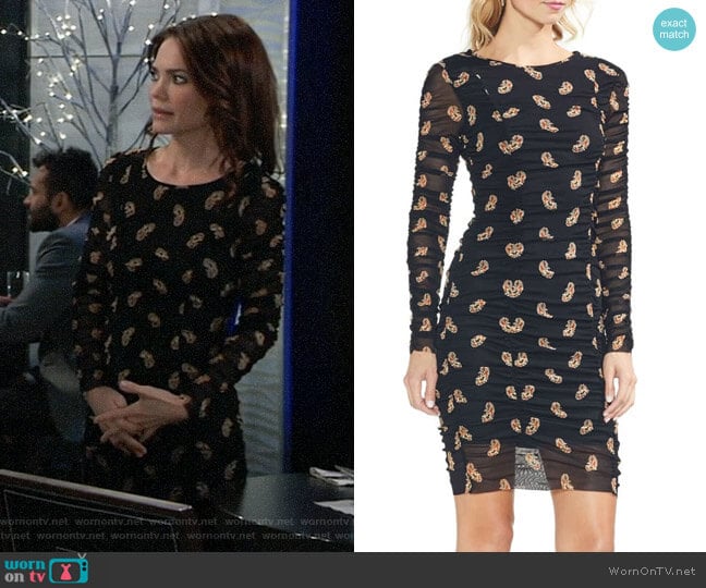 Vince Camuto Paisley Estate Mesh Body-Con Dress worn by Elizabeth Webber (Rebecca Herbst) on General Hospital