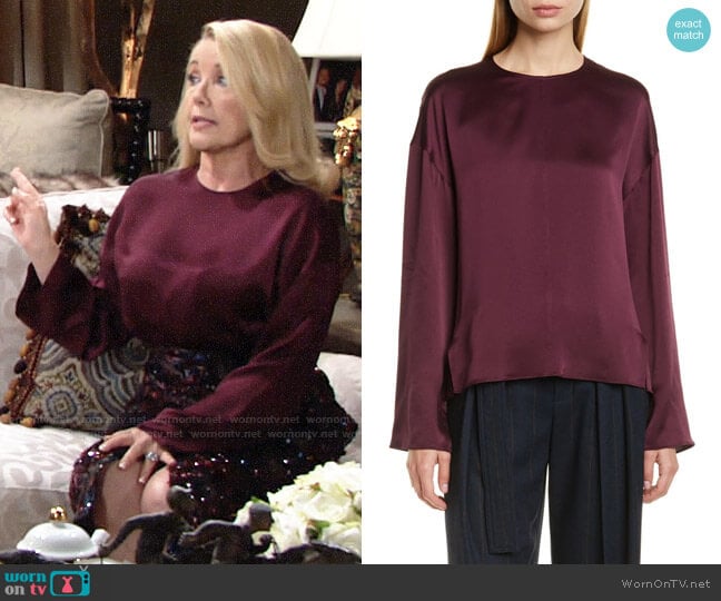 Vince Seamed Front Silk Blouse worn by Nikki Reed Newman (Melody Thomas-Scott) on The Young and the Restless