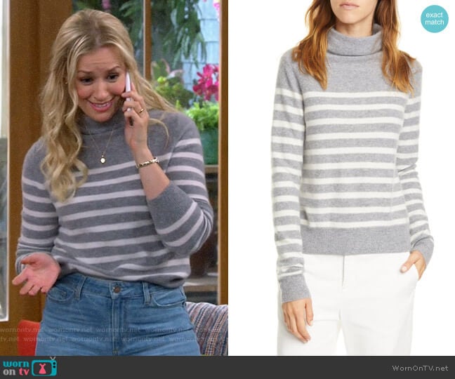 Vince Breton Stripe Turtleneck Cashmere Sweater worn by Gemma (Beth Behrs) on The Neighborhood