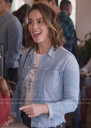 Angie’s white Rodeo graphic tee and denim jacket on Single Parents