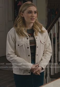 Taylor's white denim jacket with shearling collar on American Housewife
