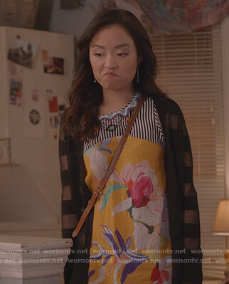 Janet's yellow floral embroidered top on Kims Convenience