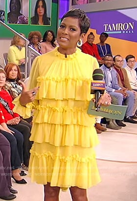 Tamron's yellow tiered ruffle dress on Tamron Hall Show