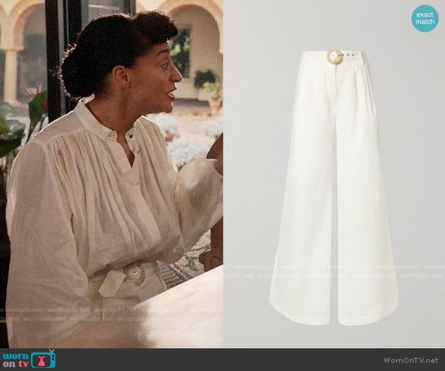 Zimmermann Honour belted linen wide-leg pants worn by Rainbow Johnson (Tracee Ellis Ross) on Black-ish