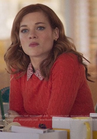 Zoey’s red cable knit sweater and floral collar on Zoeys Extraordinary Playlist