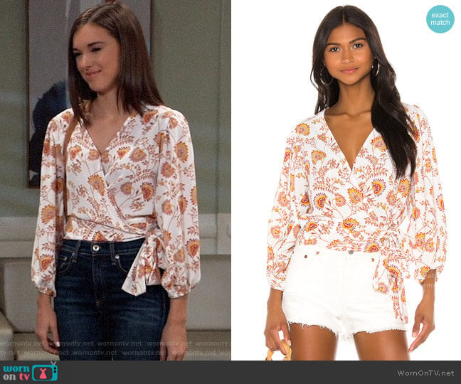 1.State Wrap Front Petal Leaf Garden Blouse worn by Willow Tait (Katelyn MacMullen) on General Hospital