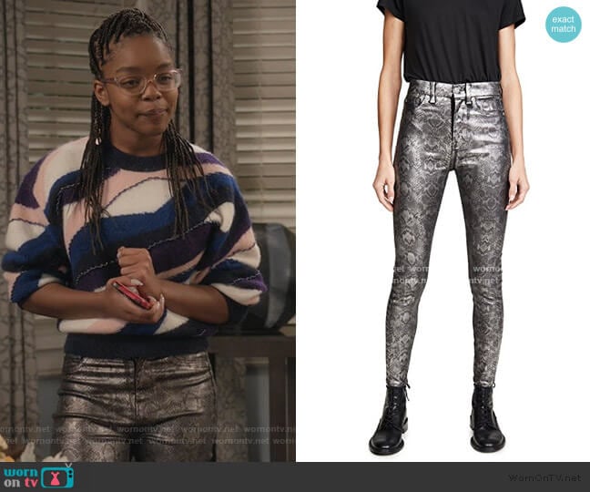 High Waisted Ankle Skinny Jeans in Python by 7 For All Mankind worn by Diane Johnson (Marsai Martin) on Black-ish