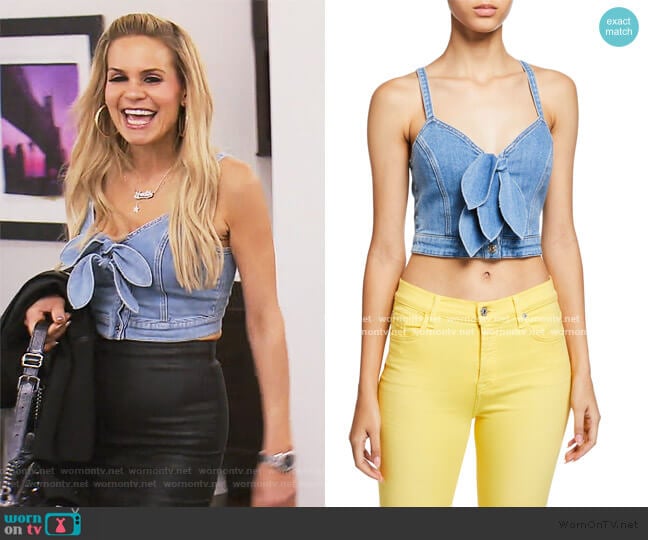 Cropped Double Tie-Front Denim Bustier by 7 for all Mankind worn by Jackie Goldschneider on The Real Housewives of New Jersey