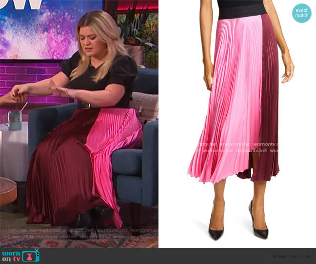 Grainger Asymmetrical Pleated Midi Skirt by A.L.C. worn by Kelly Clarkson on The Kelly Clarkson Show