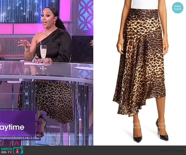 Lev Leopard Print Asymmetrical Stretch Silk Midi Skirt by A.L.C. worn by Tamera Mowry on The Real