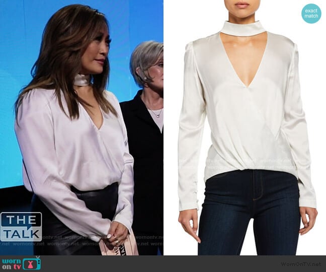 Raquel Mock-Neck High-Low Silk Cutout Top by A.L.C. worn by Carrie Inaba on The Talk