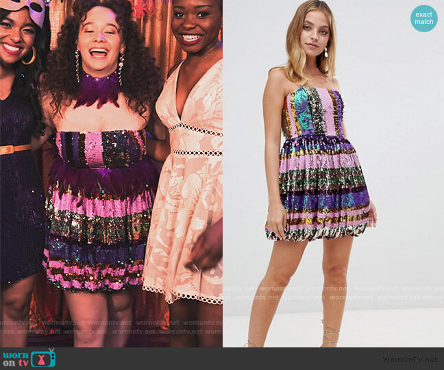 Bandeau Stripe Sequin Prom Dress by ASOS worn by Jade (Talia Jackson) on Family Reunion