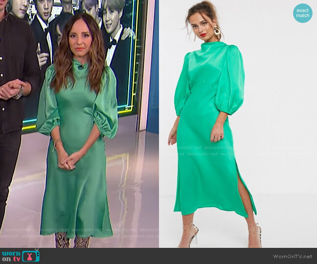 WornOnTV: Lilliana’s green satin midi dress on E! News | Lilliana ...