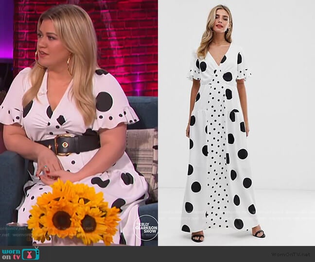 Twisted Wunder satin maxi dress in mix and match polka by ASOS worn by Kelly Clarkson on The Kelly Clarkson Show