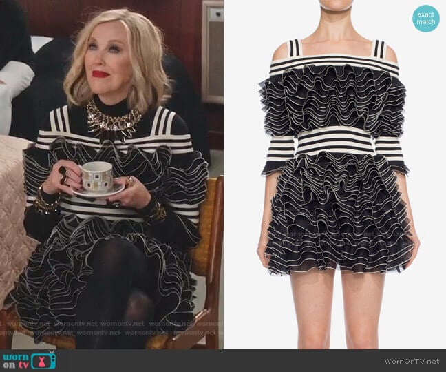 Frill Mini Dress by Alexander McQueen worn by Moira Rose (Catherine O'Hara) on Schitts Creek