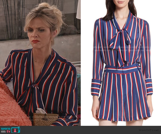 Arie Tie-Neck Stripe Silk Blouse by Alice + Olivia worn by Mallory (Brooklyn Decker) on Grace and Frankie