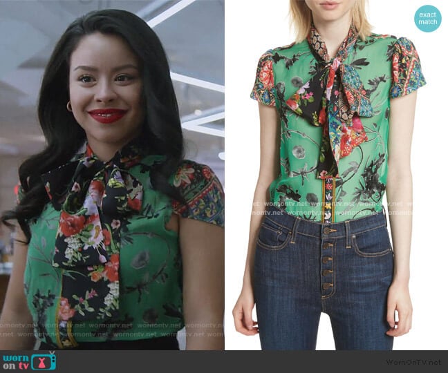 Bow Neck Mixed Print Blouse by Alice + Olivia worn by Mariana Foster (Cierra Ramirez) on Good Trouble