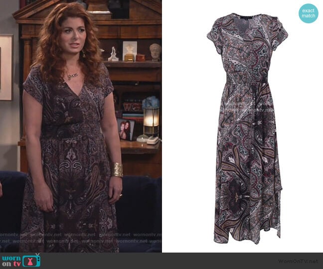 Grace’s paisley print v-neck dress on Will and Grace