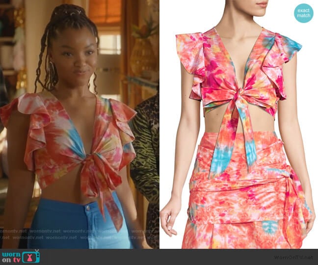 Lana Tie-Dye Wrap Top by All Things Mochi worn by Jazlyn Forster (Chloe Bailey) on Grown-ish