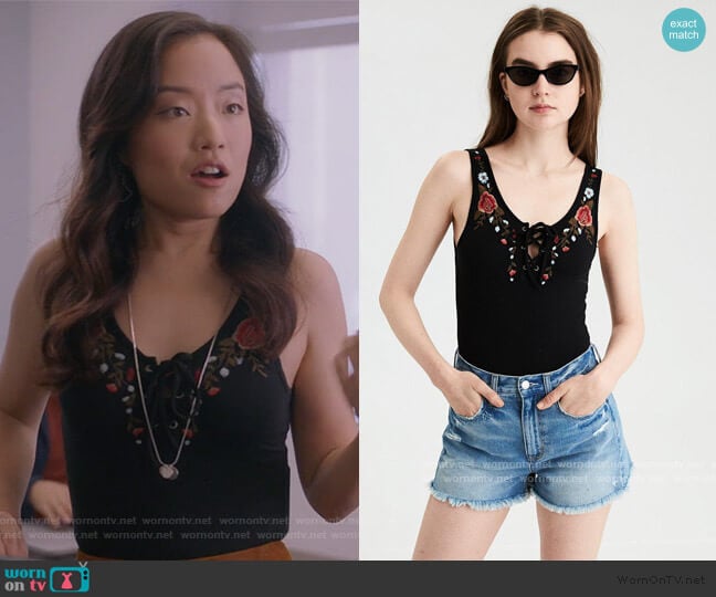 Black Lace Up Embroidered Bodysuit by American Eagle worn by Janet (Andrea Bang) on Kims Convenience