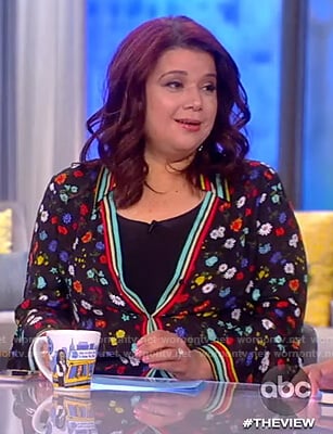 Ana’s black floral stripe trim blouse on The View