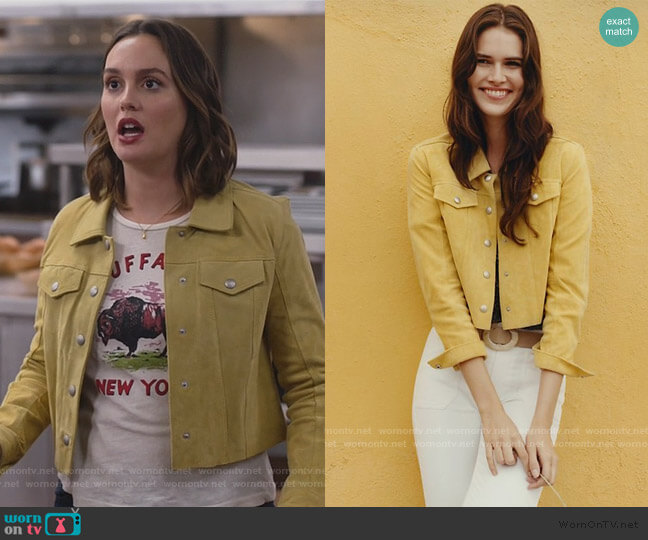 Cropped Suede Trucker Jacket by Blank NYC worn by Angie (Leighton Meester) on Single Parents