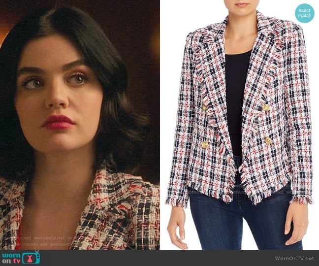 Aqua Plaid Tweed Open-Front Blazer worn by Katy Keene (Lucy Hale) on Katy Keene