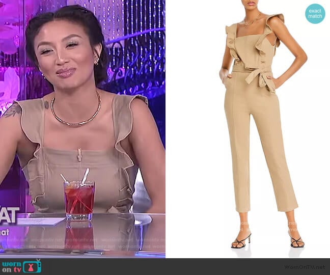 Ruffle-Sleeve Jumpsuit by Aqua worn by Jeannie Mai on The Real