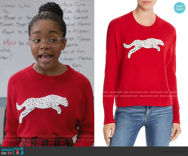 Snow Leopard-Appliqué Cashmere Sweater by Aqua Cashmere worn by Diane Johnson (Marsai Martin) on Black-ish